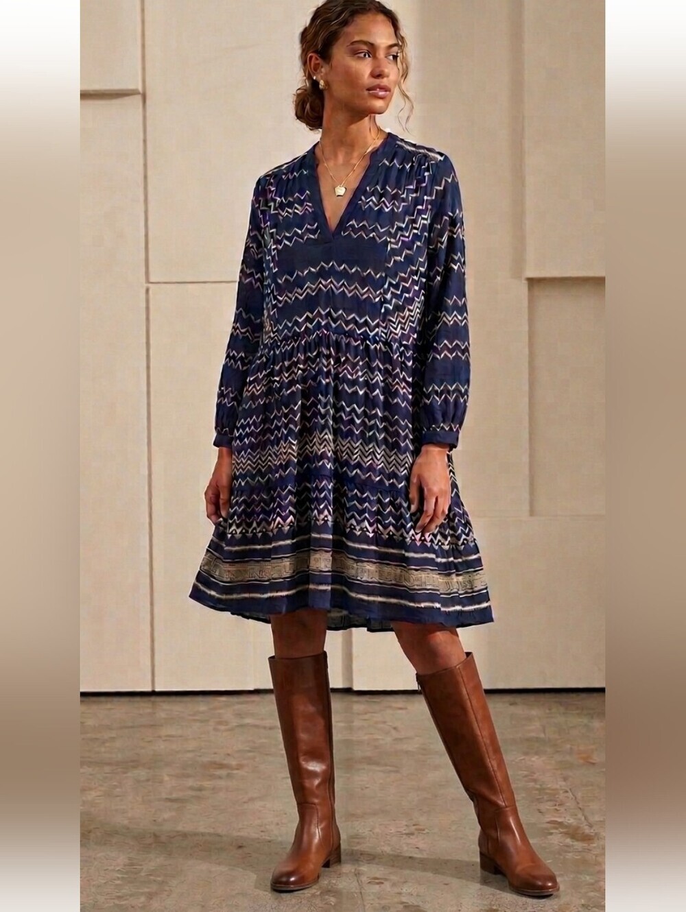 Anthropologie Holding Horses Dress Blue Chevron Pockets Relaxed Fit Medium